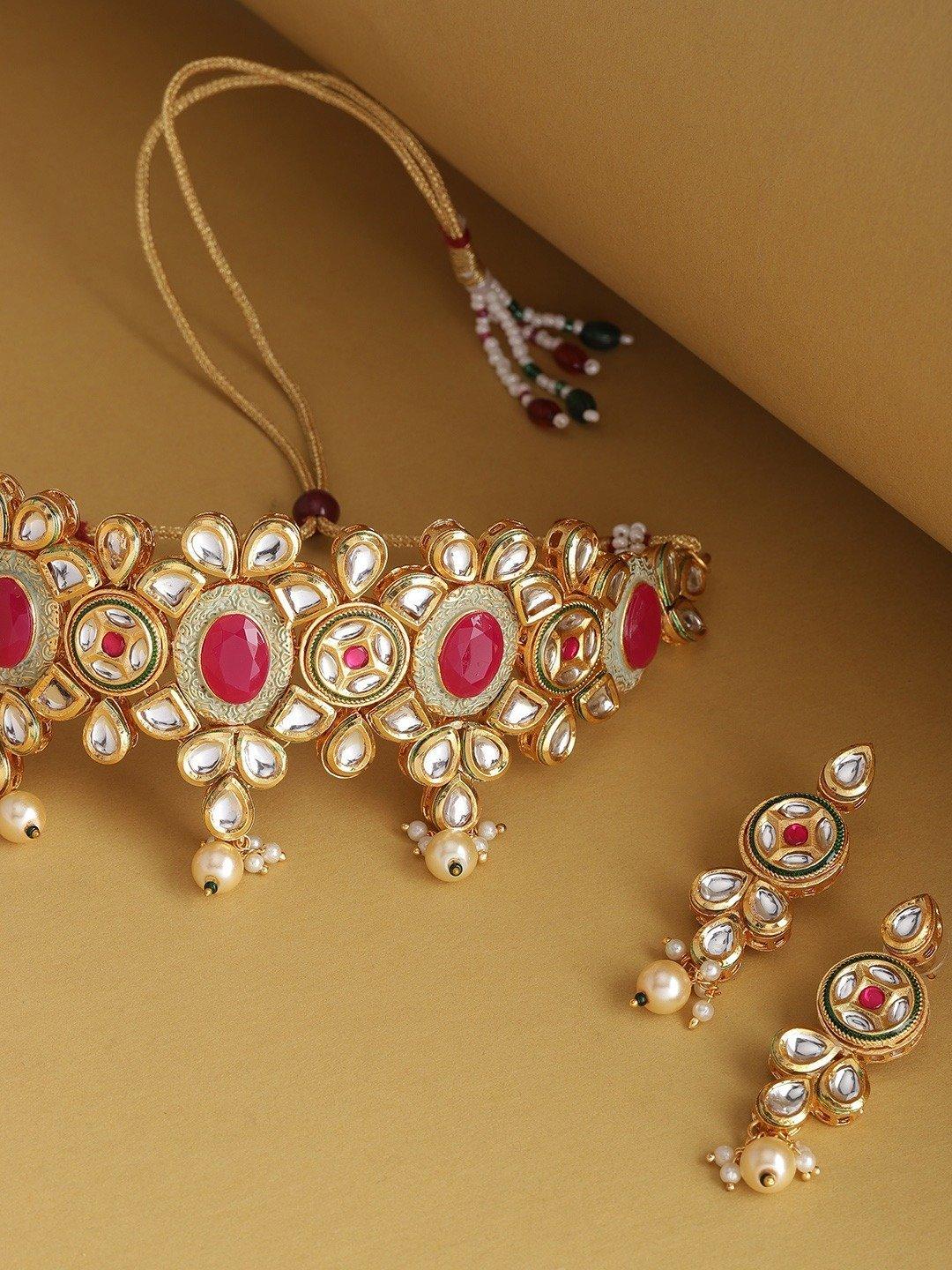 Women's Kundan Ruby Pearls Gold Plated Choker - Priyaasi - Indiakreations