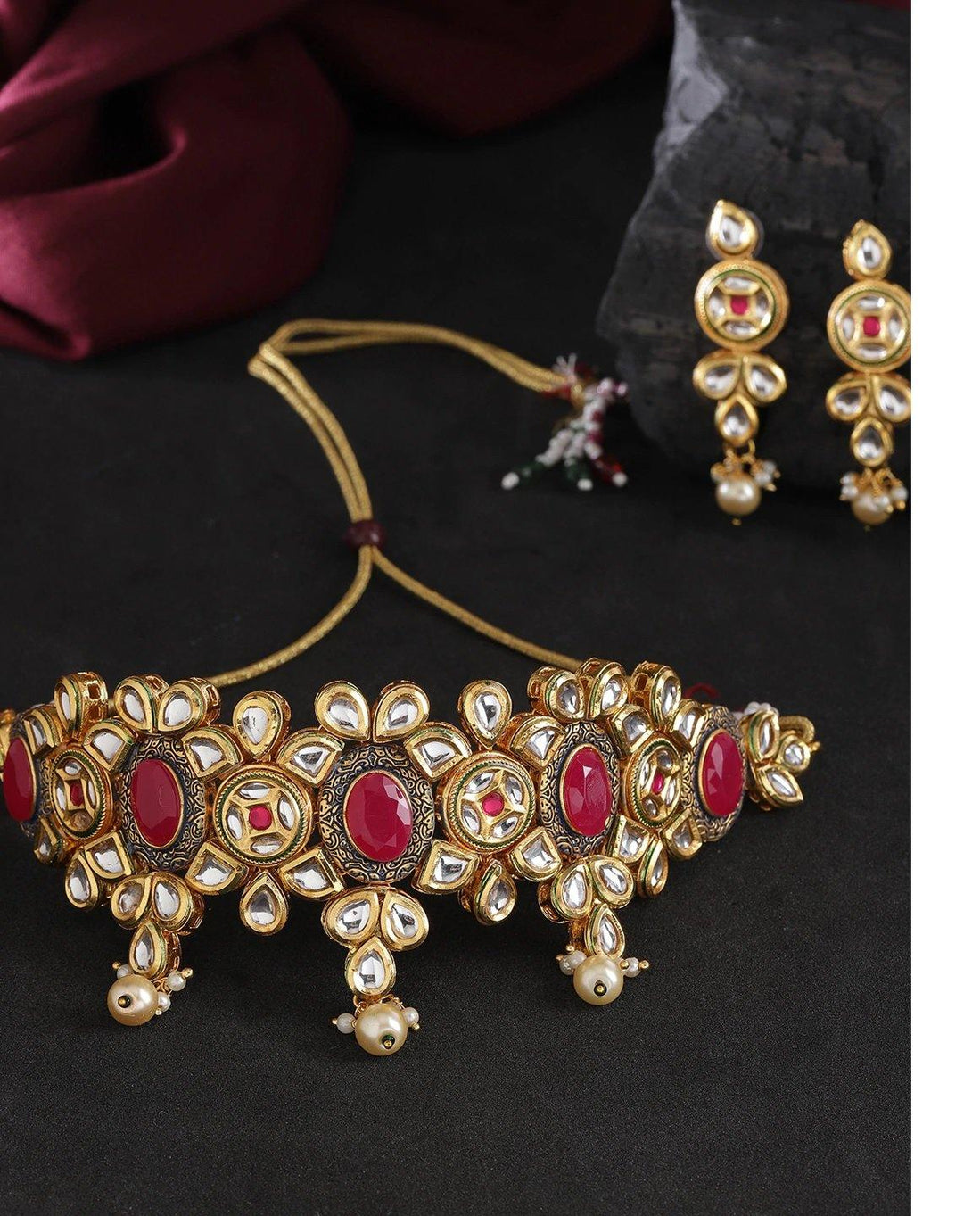 Women's Kundan Ruby Pearls Gold Plated Choker - Priyaasi - Indiakreations