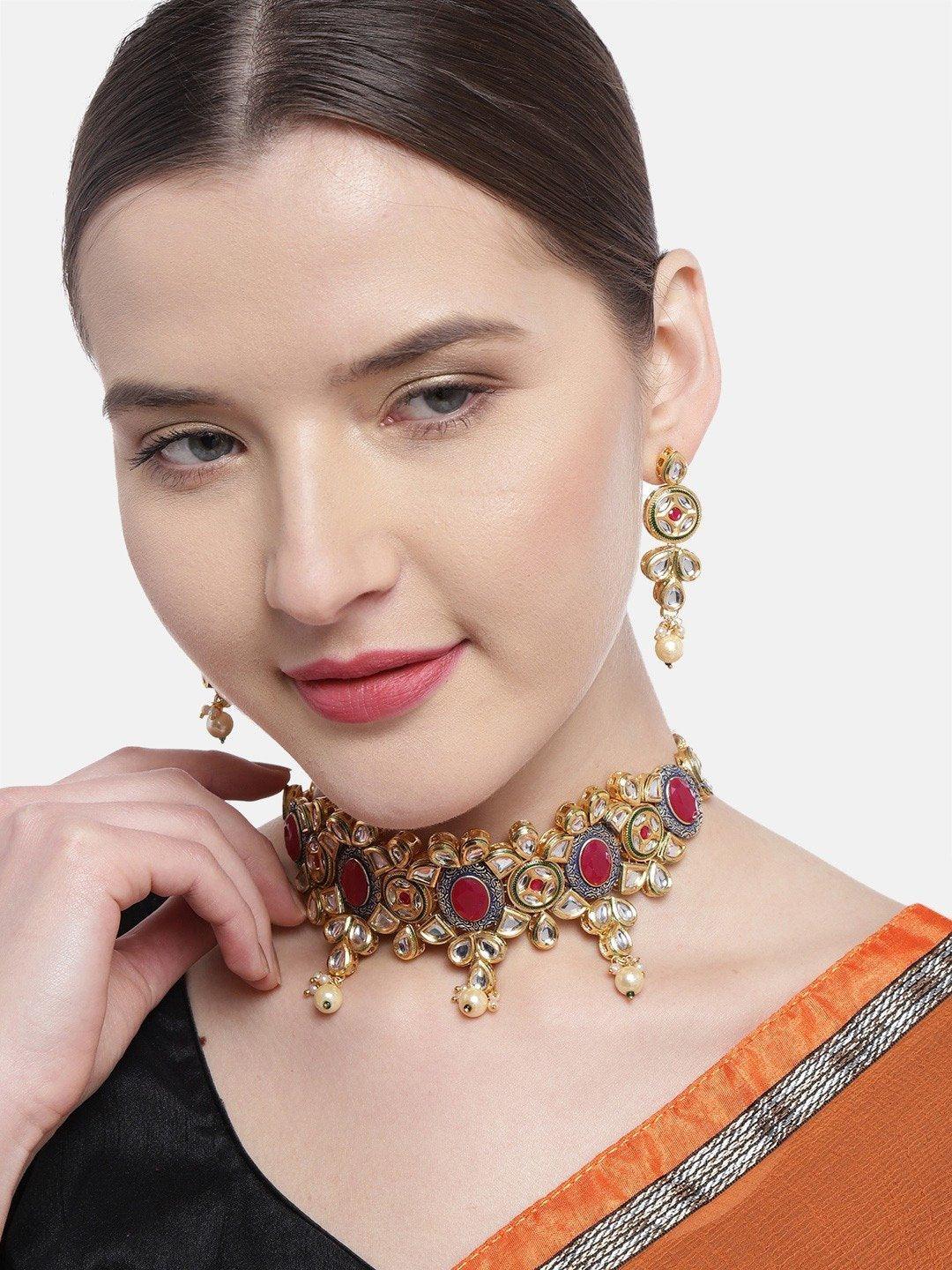 Women's Kundan Ruby Pearls Gold Plated Choker - Priyaasi - Indiakreations