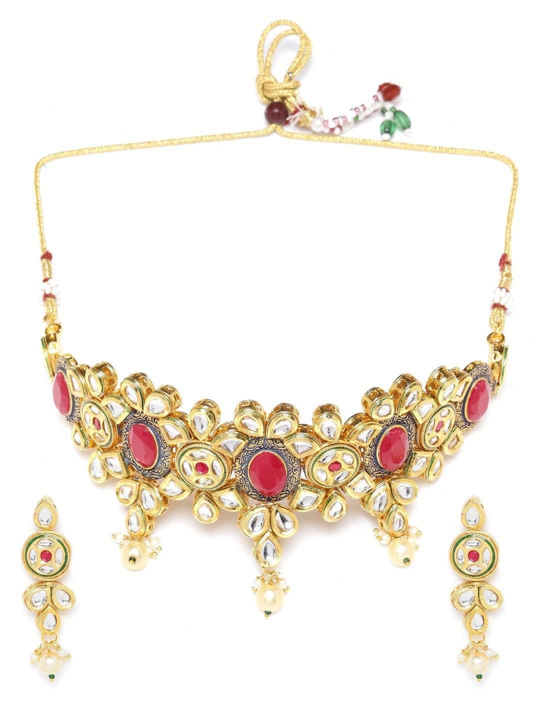 Women's Kundan Ruby Pearls Gold Plated Choker - Priyaasi - Indiakreations