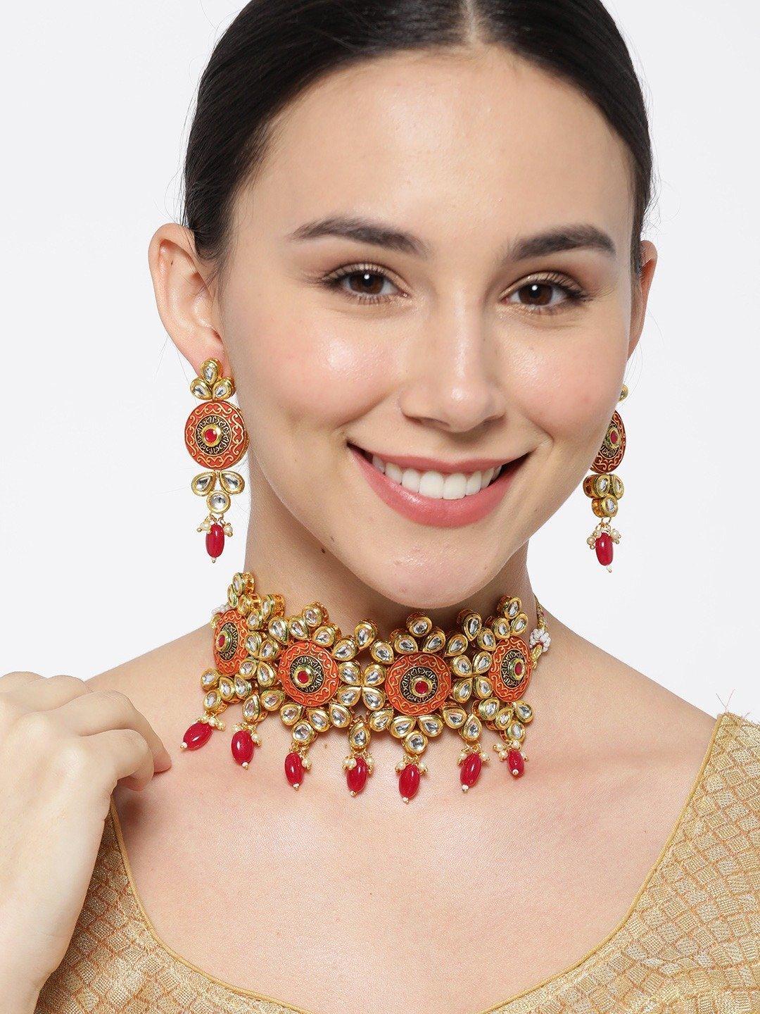 Women's Red Meenakari Kundan Ruby Gold Plated Choker - Priyaasi - Indiakreations