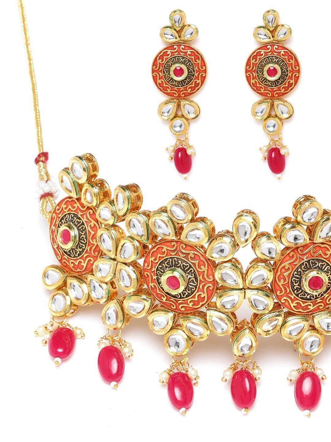 Women's Red Meenakari Kundan Ruby Gold Plated Choker - Priyaasi - Indiakreations