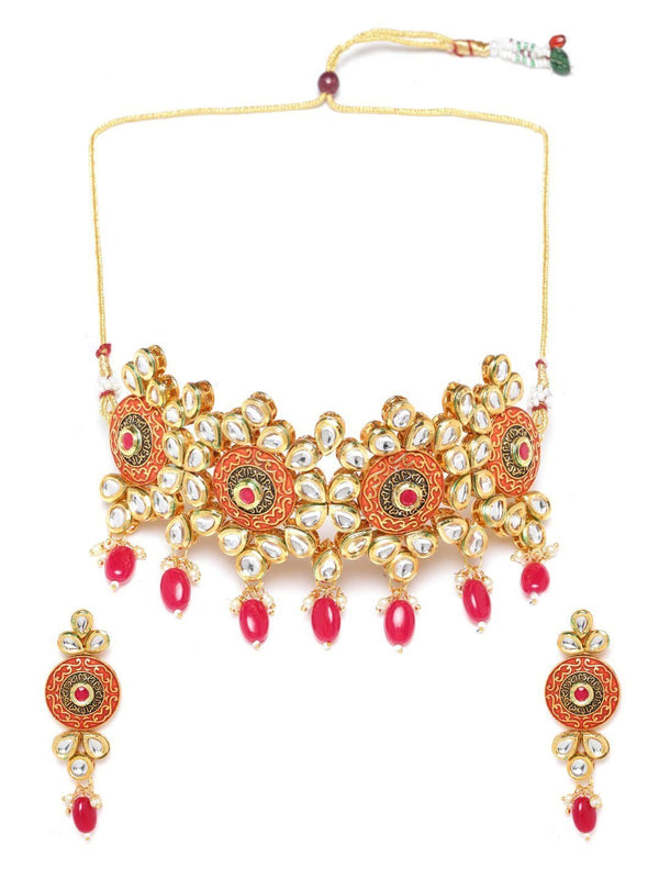 Women's Red Meenakari Kundan Ruby Gold Plated Choker - Priyaasi