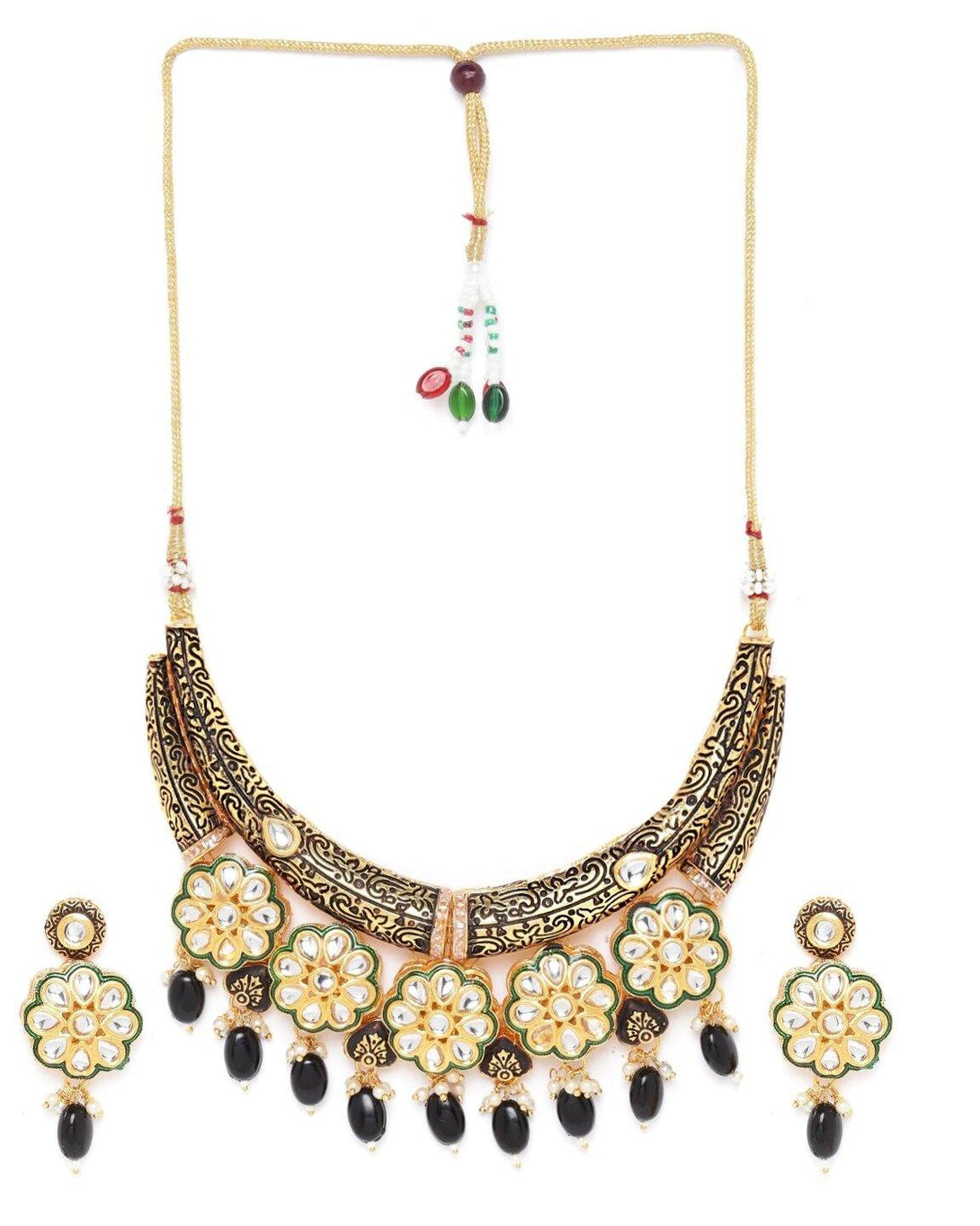 Women's Black Beaded Kundan Gold Plated Floral Jewellery Set - Priyaasi - Indiakreations