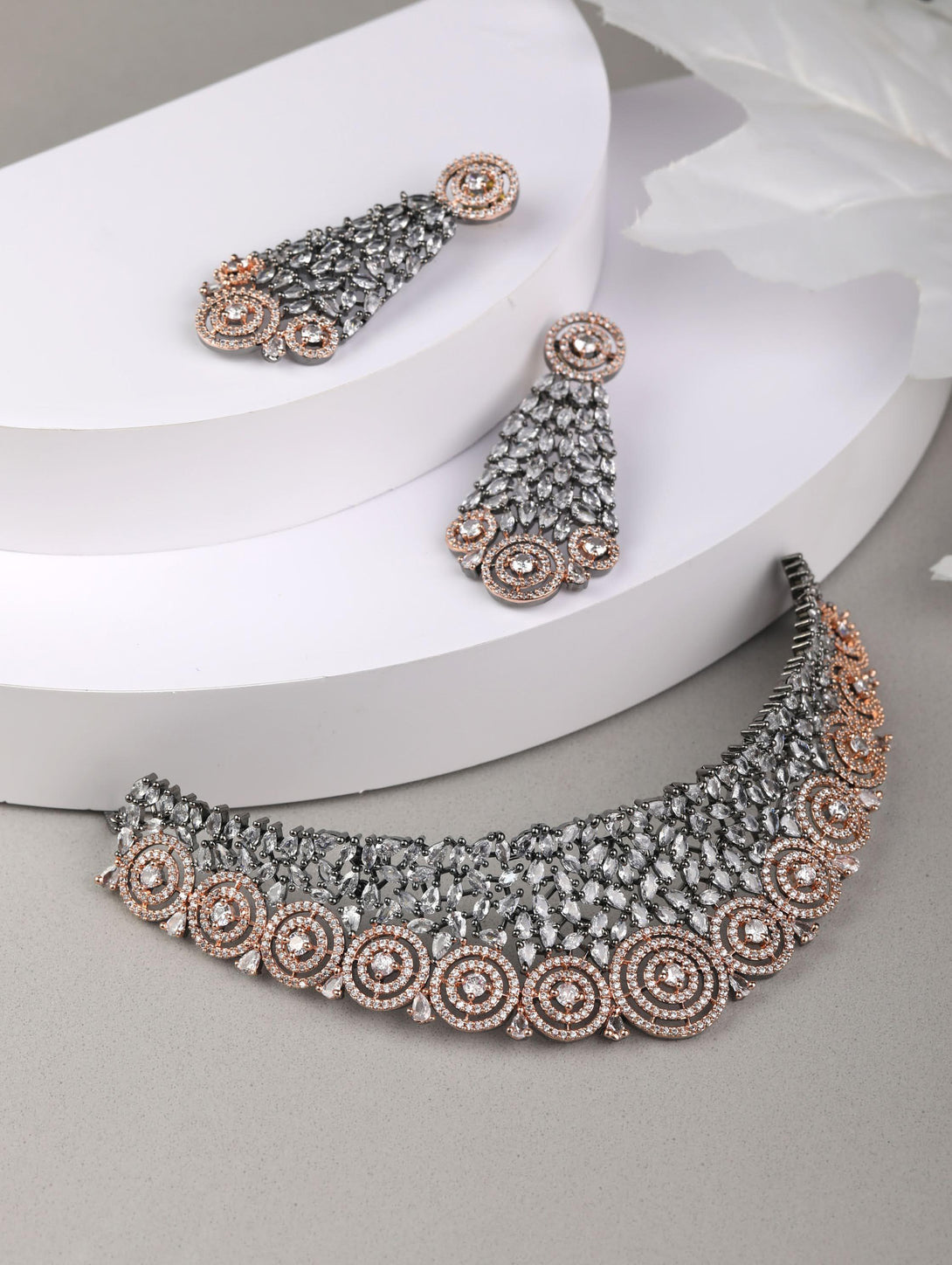 Women's Glitz Appeal-Grey American Diamond Cubic Zirconia Rose Gold Plated Choker Set - Priyaasi - Indiakreations