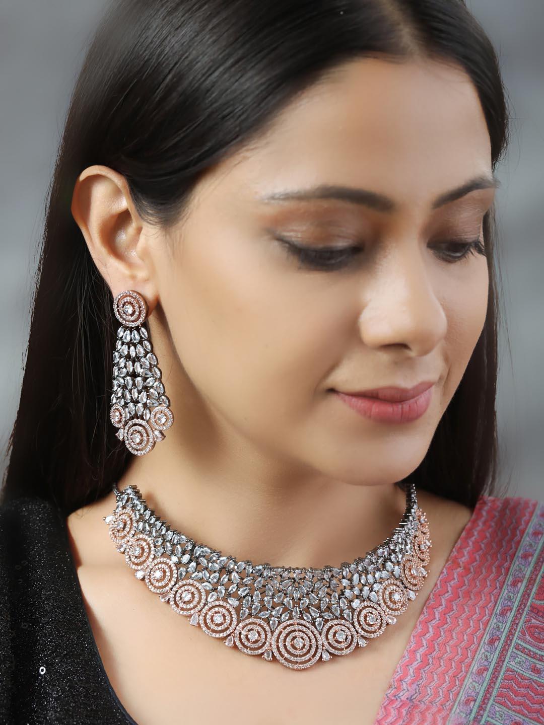 Women's Glitz Appeal-Grey American Diamond Cubic Zirconia Rose Gold Plated Choker Set - Priyaasi - Indiakreations