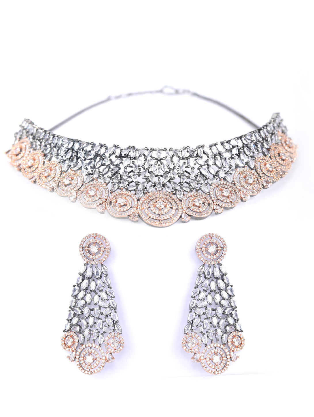 Women's Glitz Appeal-Grey American Diamond Cubic Zirconia Rose Gold Plated Choker Set - Priyaasi - Indiakreations