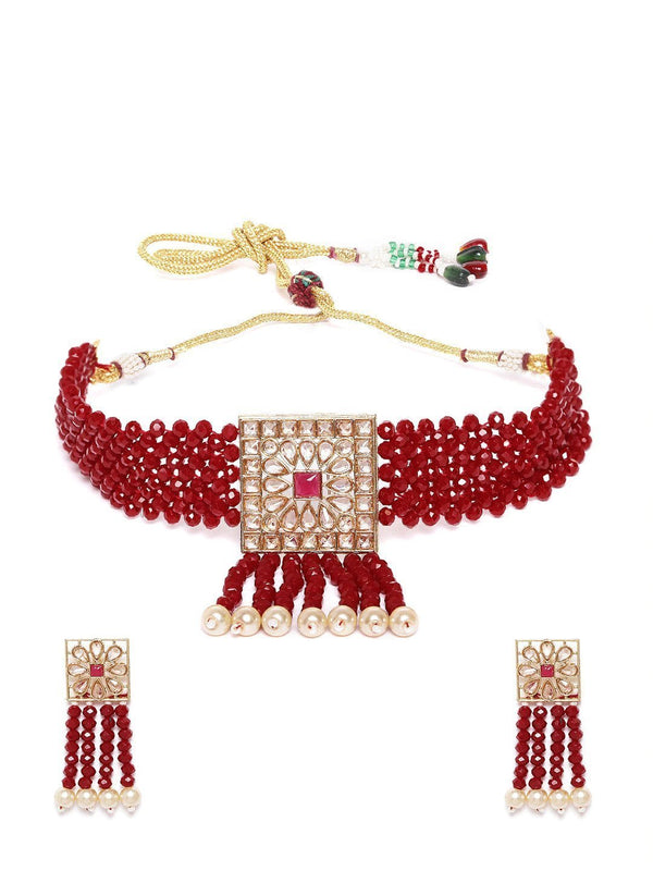 Women's Red Beads Pearls Kundan Gold Plated Choker - Priyaasi