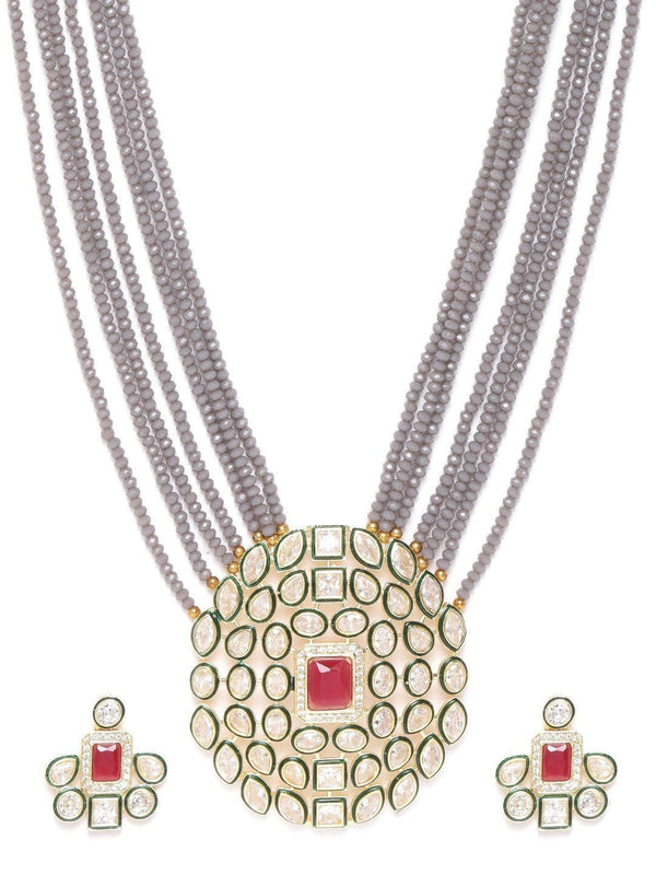 Women's Grey Beads Kundan Ruby Gold Plated Ranihaar Jewellery Set - Priyaasi