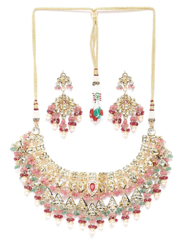 Women's Multicolor Stones Kundan Beads Pearls Gold Plated Jewellery Set - Priyaasi