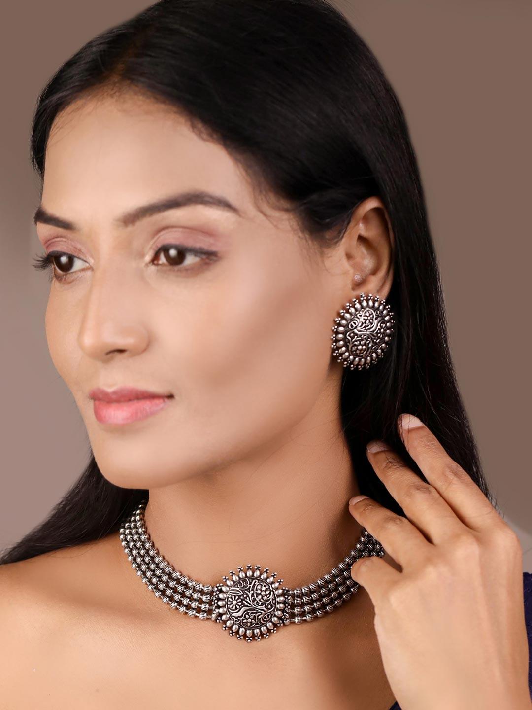 Women's Tribal Sun - German Silver Plated Oxidised Choker Set - Priyaasi - Indiakreations