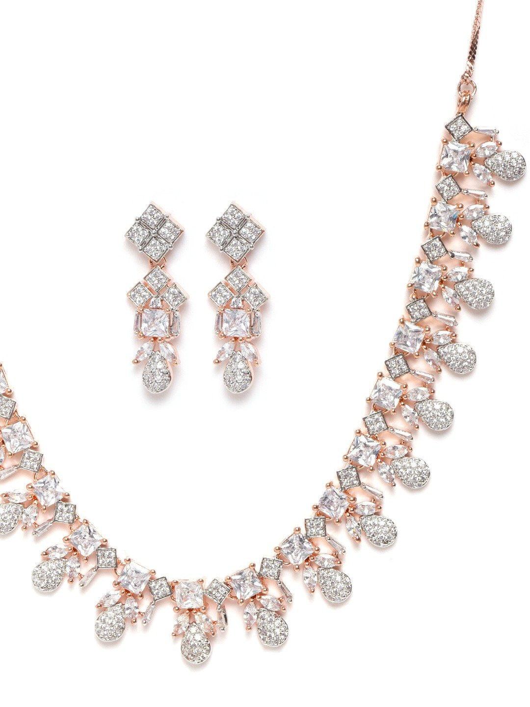 Women's American Diamond Rose Gold Plated Leaf Jewellery Set - Priyaasi - Indiakreations