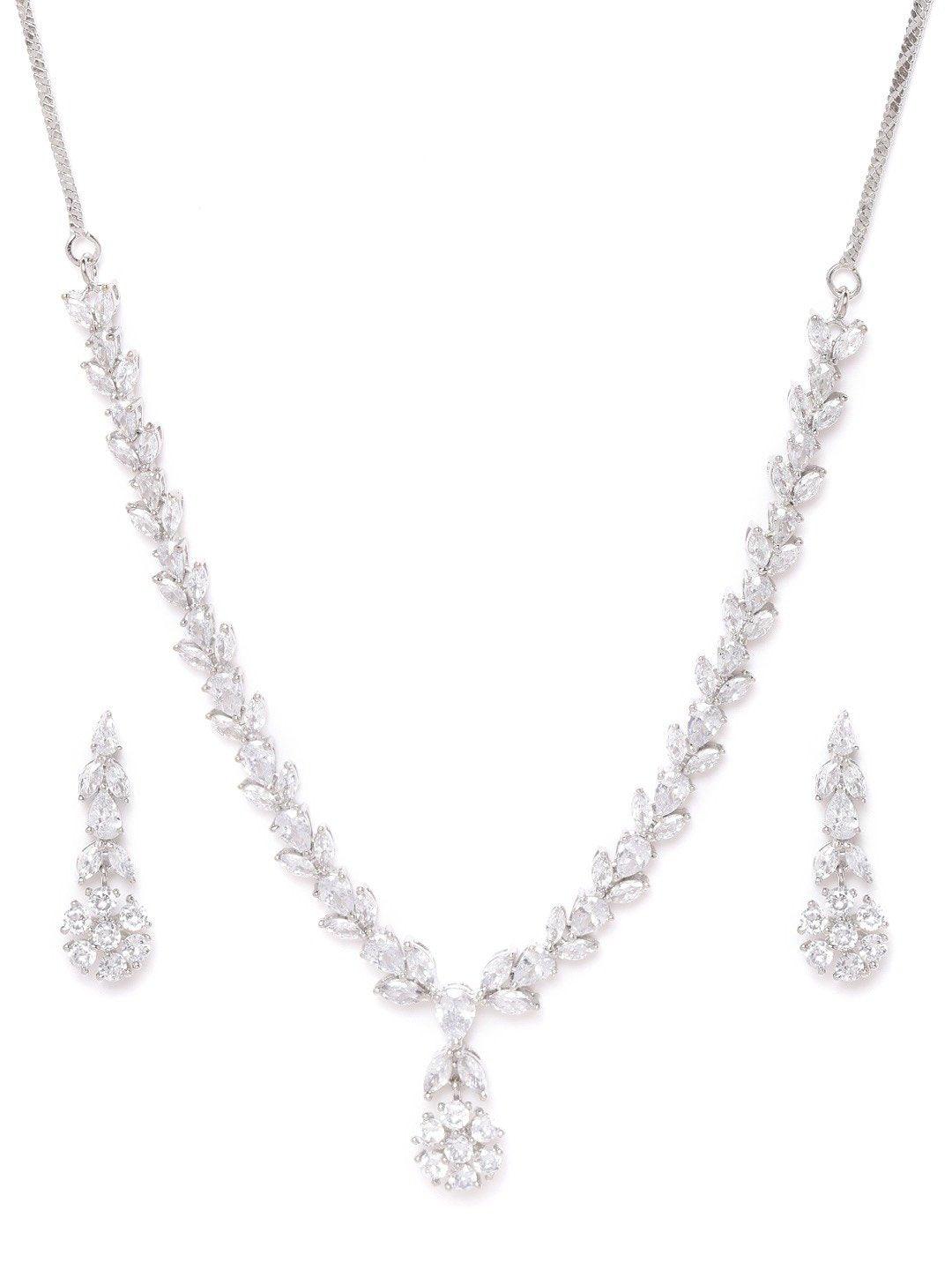 Women's American Diamond Silver Plated Leaf Jewellery Set - Priyaasi - Indiakreations