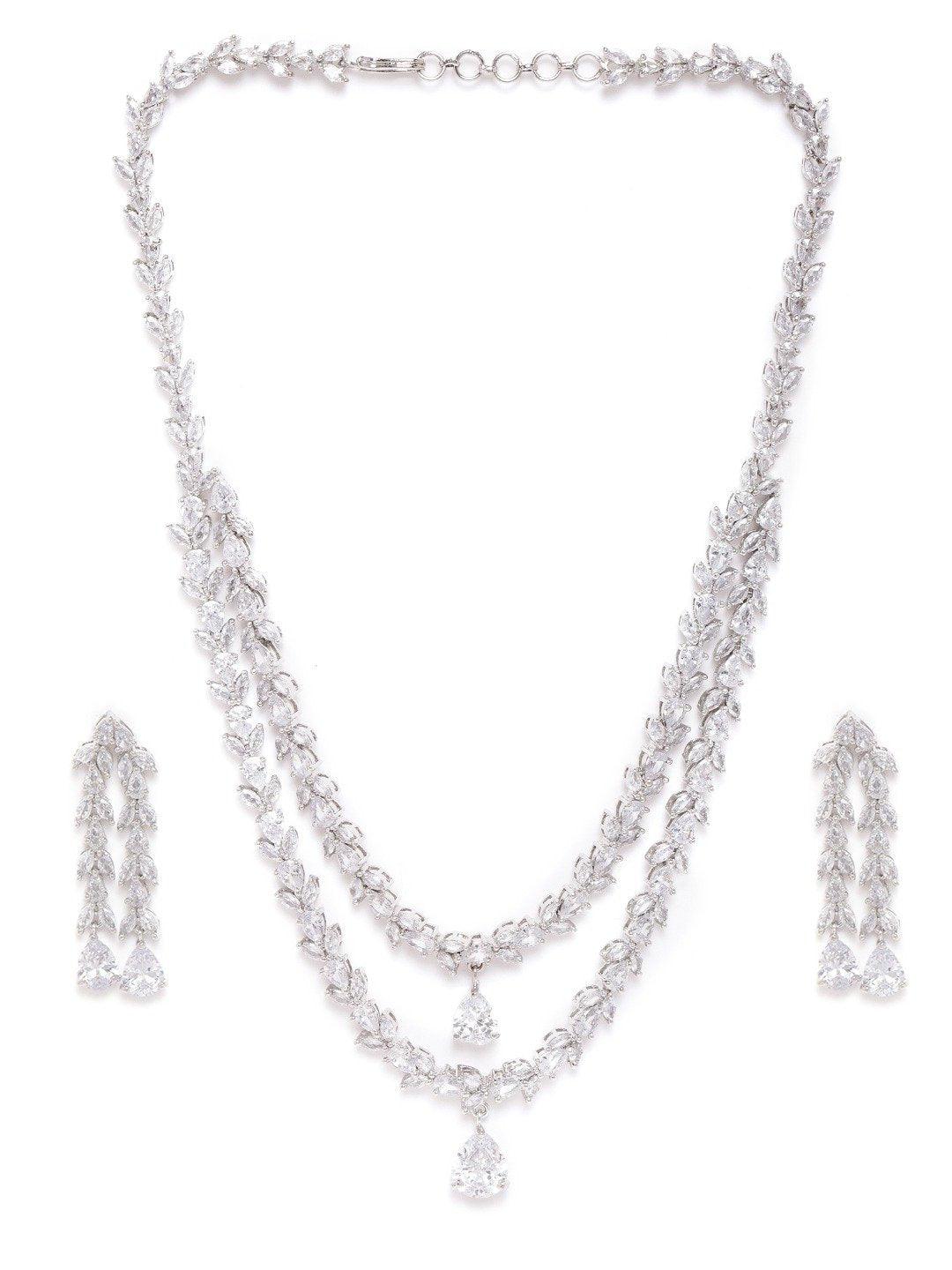 Women's Eternal Moondust - American Diamond Silver Plated Leaf Layered Jewellery Set - Priyaasi - Indiakreations