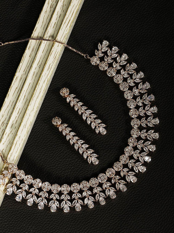 Women's Leaf Elegance - American Diamond Rose Gold Plated Jewellery Set - Priyaasi - Indiakreations