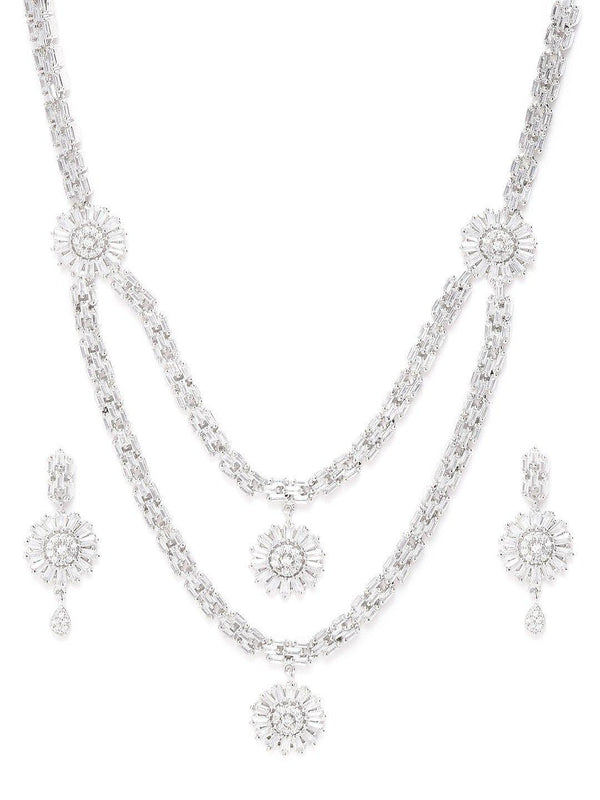 Women's American Diamond Silver Plated Layered Jewellery Set - Priyaasi - Indiakreations