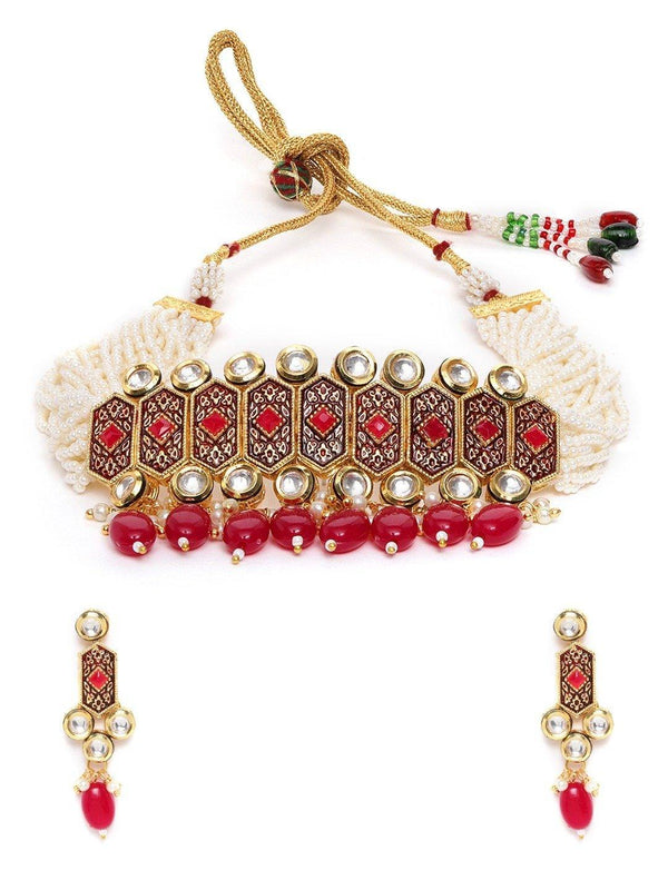 Women's White Beads Kundan Ruby Gold Plated Choker - Priyaasi - Indiakreations