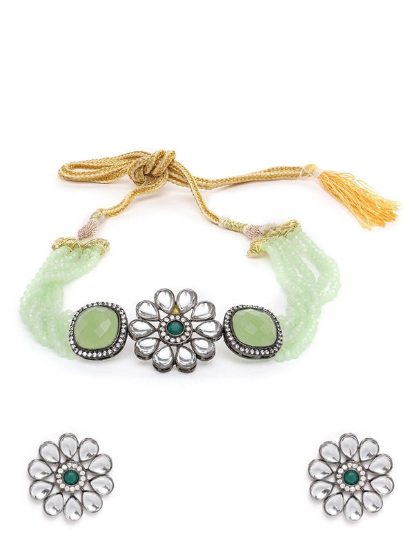 Women's Mint Green Beads Kundan Stones Floral Choker - Priyaasi