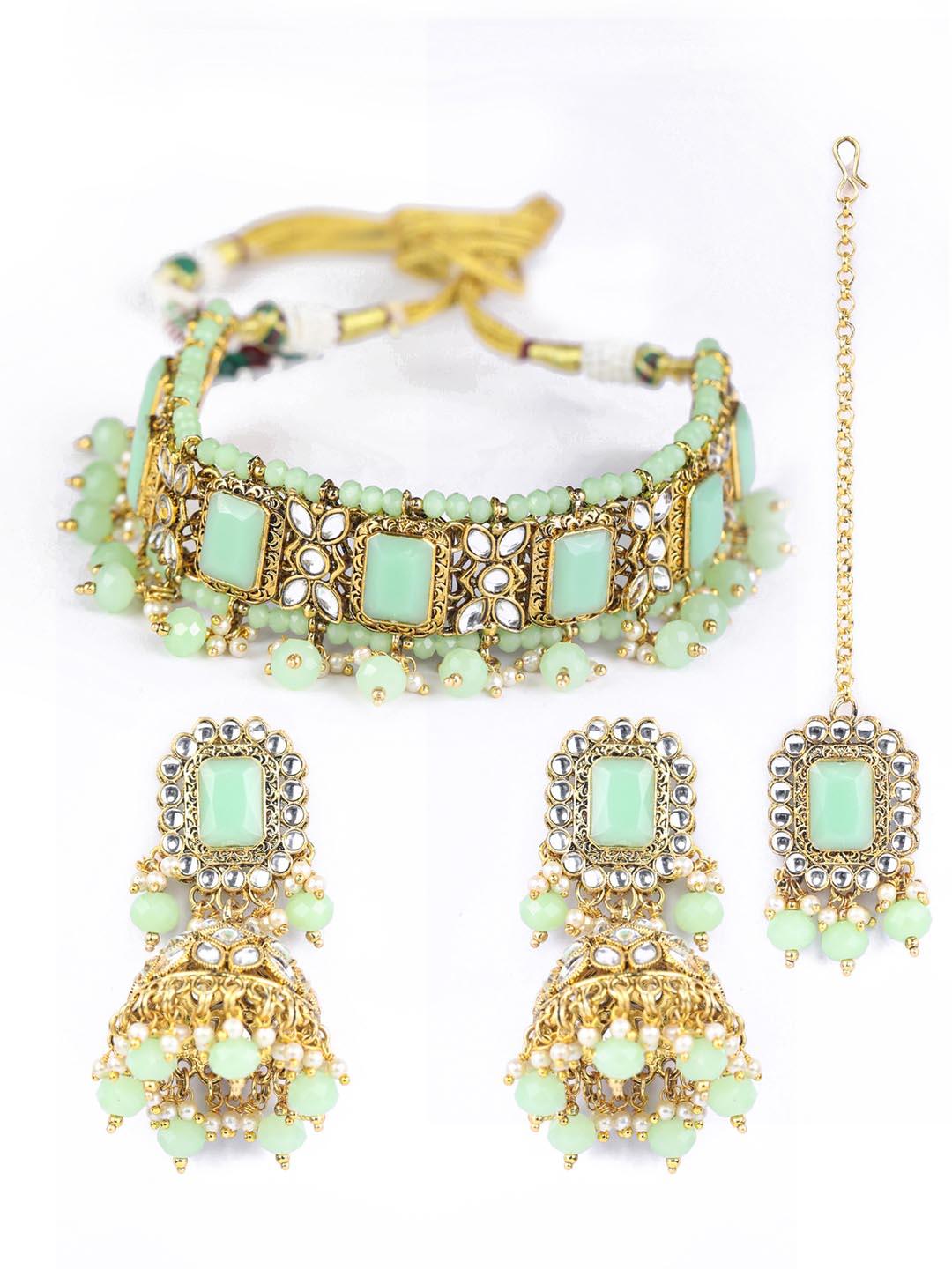 Women's Mint Green Kundan Pearls Gold Plated Choker Set with MaangTikka - Priyaasi - Indiakreations