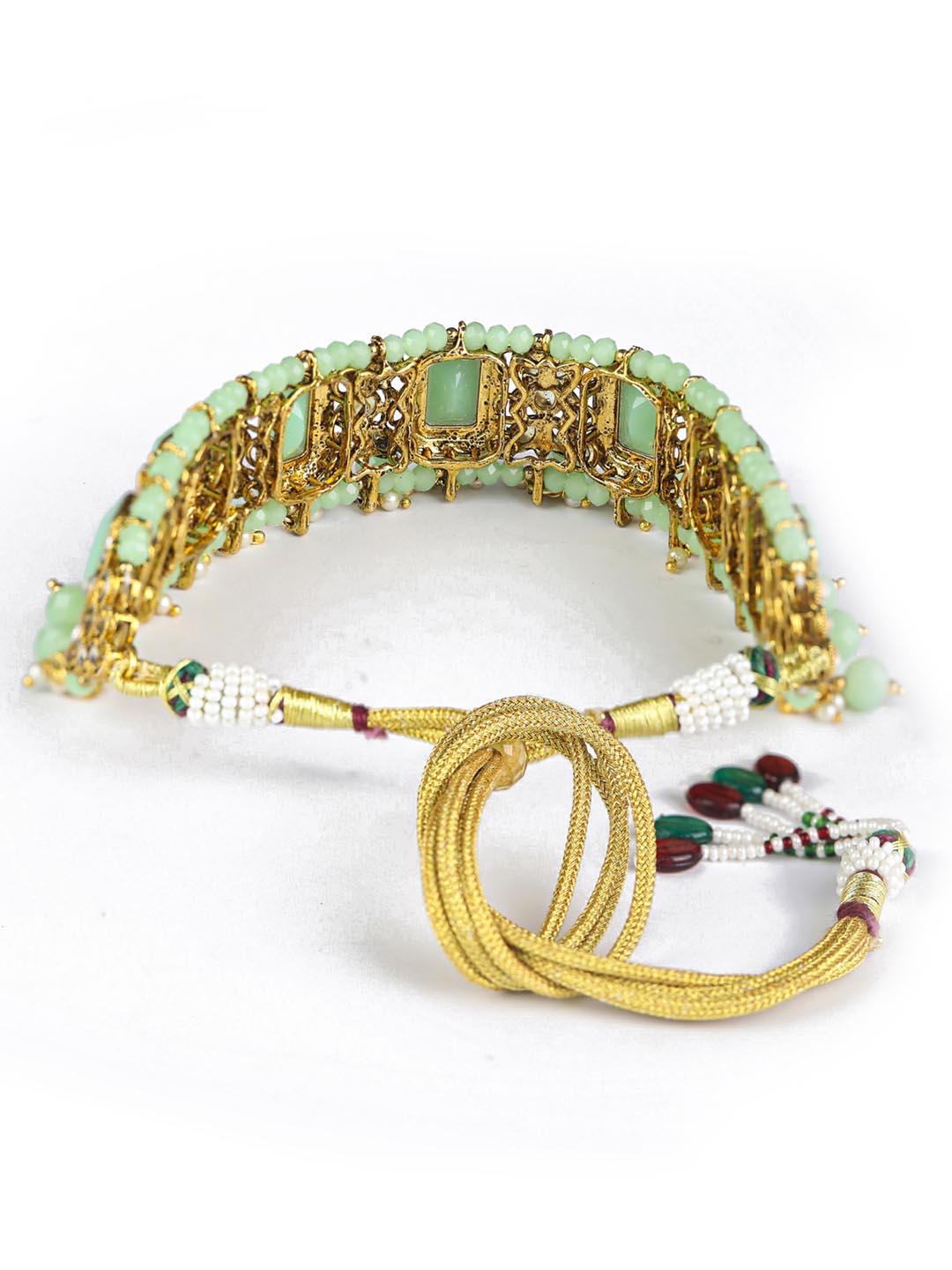 Women's Mint Green Kundan Pearls Gold Plated Choker Set with MaangTikka - Priyaasi - Indiakreations