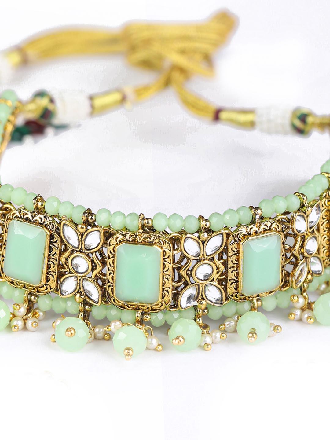 Women's Mint Green Kundan Pearls Gold Plated Choker Set with MaangTikka - Priyaasi - Indiakreations