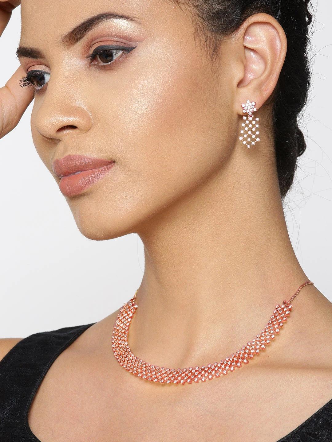 Women's American Diamond Rose Gold Plated Ethnic Jewellery Set - Priyaasi - Indiakreations