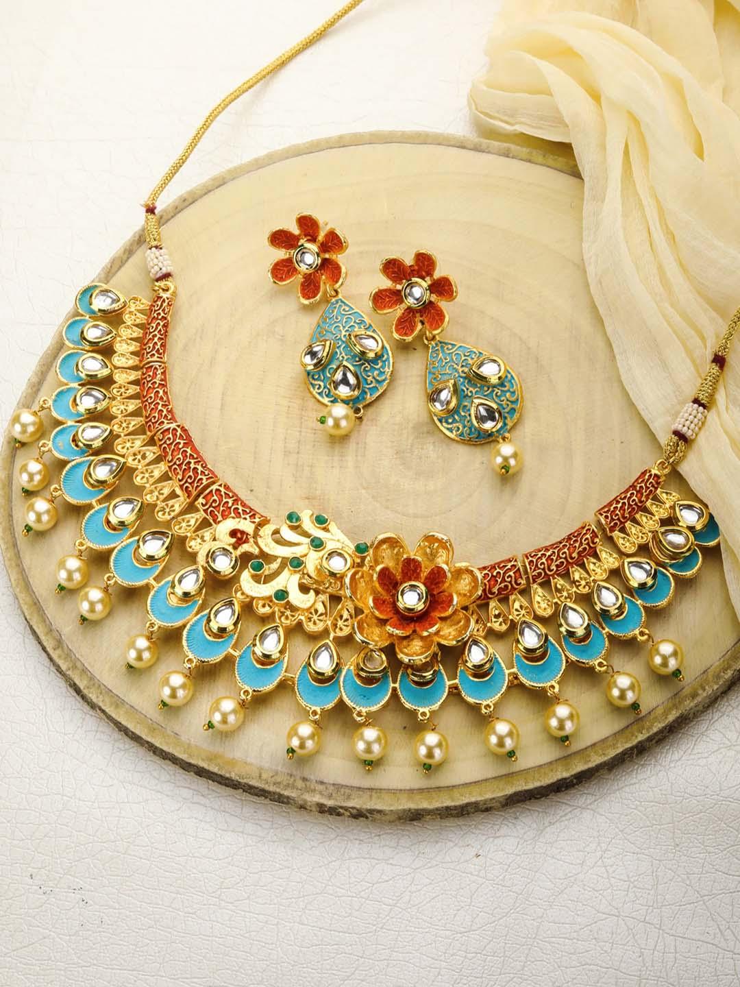 Women's Multi-Color Kundan Pearls Gold Plated Floral Jewellery Set - Priyaasi - Indiakreations