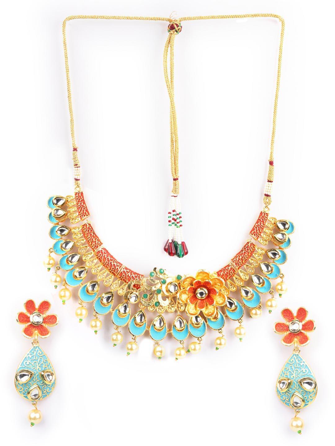 Women's Multi-Color Kundan Pearls Gold Plated Floral Jewellery Set - Priyaasi - Indiakreations