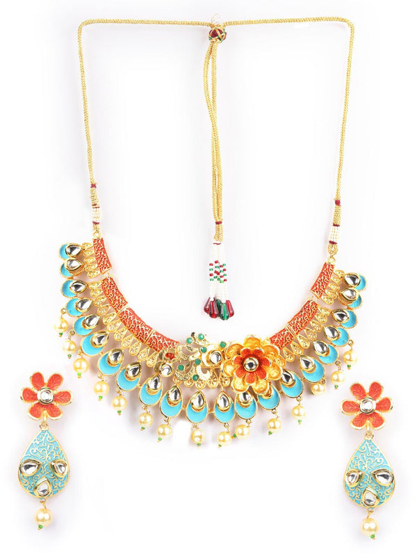 Women's Multi-Color Kundan Pearls Gold Plated Floral Jewellery Set - Priyaasi