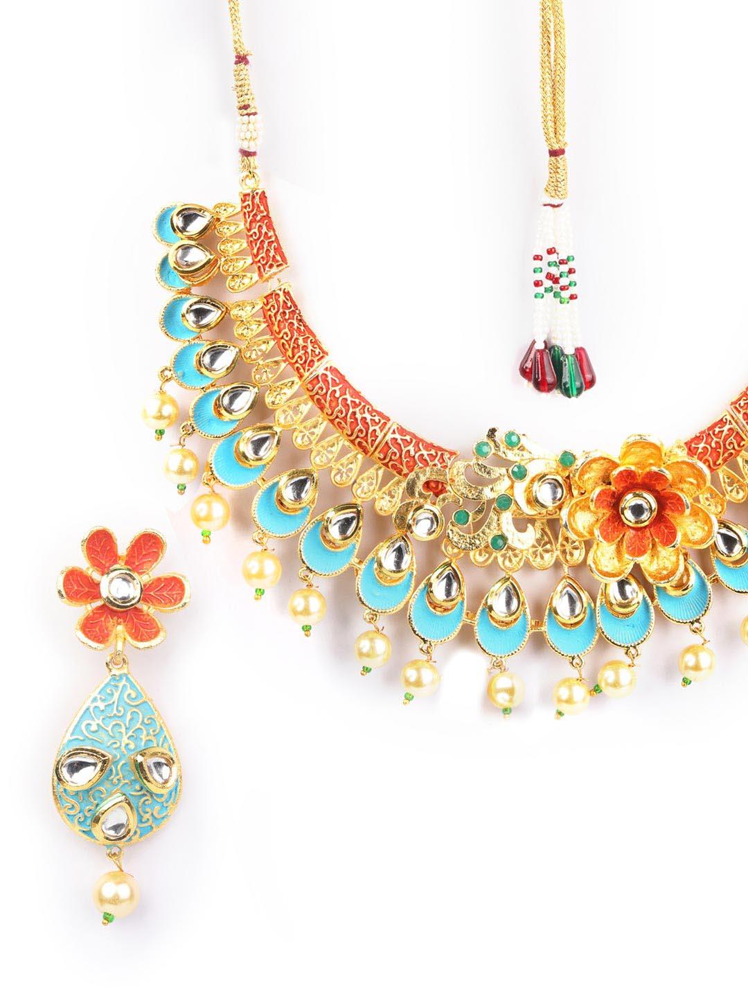 Women's Multi-Color Kundan Pearls Gold Plated Floral Jewellery Set - Priyaasi - Indiakreations