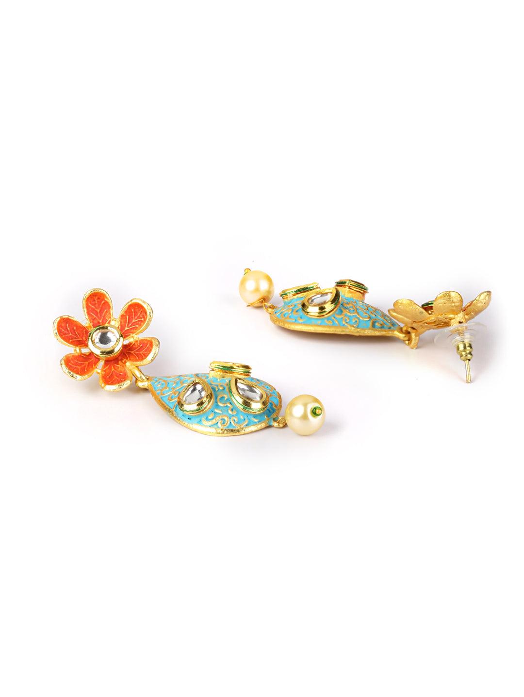 Women's Multi-Color Kundan Pearls Gold Plated Floral Jewellery Set - Priyaasi - Indiakreations