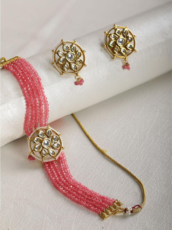 Women's Pink Beads Kundan Gold Plated Traditional Choker - Priyaasi - Indiakreations