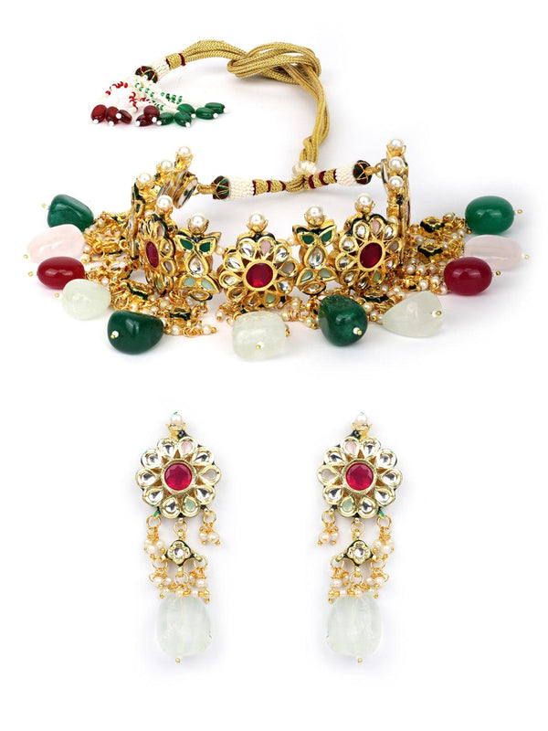 Women's Kundan Ruby Emerald Beads Gold Plated Traditional Choker - Priyaasi - Indiakreations