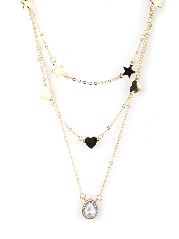 Women's Gold Plated Heart & Star Pendant Stones Layered Necklace - Priyaasi - Indiakreations