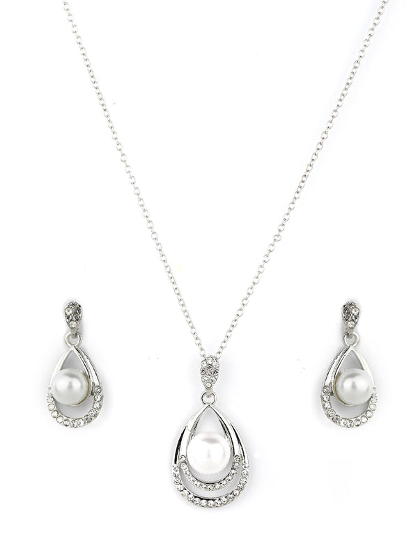 Women's  Droplet-Pearls & Stones Silver Plated Pendant Set - Priyaasi