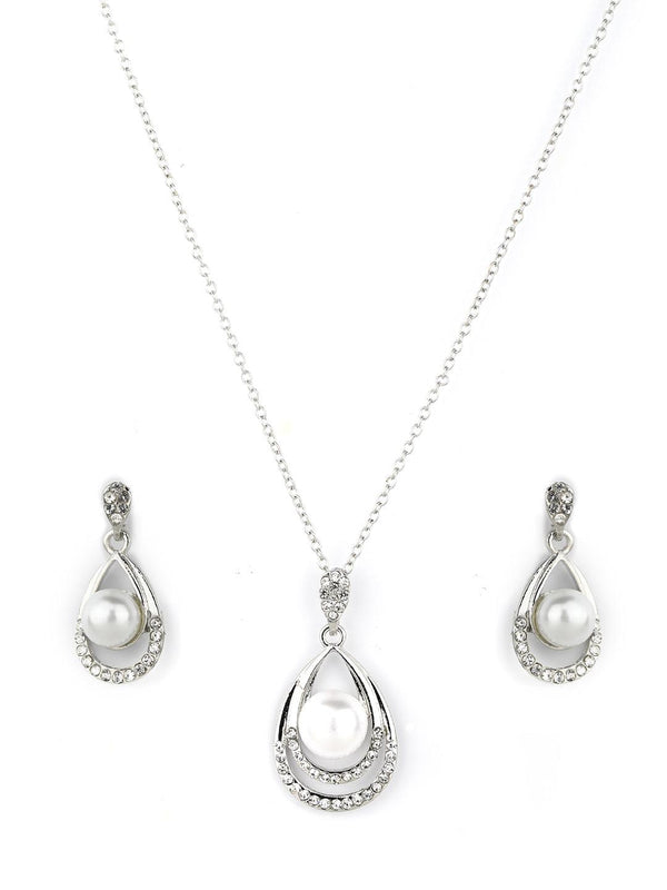 Women's Droplet-Pearls & Stones Silver Plated Pendant Set - Priyaasi - Indiakreations