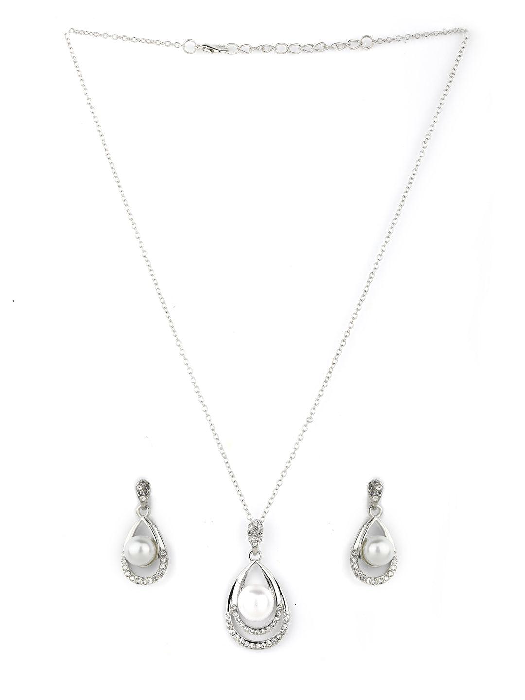 Women's Droplet-Pearls & Stones Silver Plated Pendant Set - Priyaasi - Indiakreations