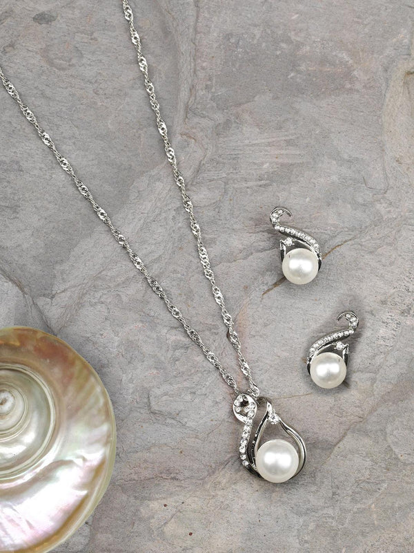 Women's Swirl-Pearls & Stones Silver Plated Pendant Set - Priyaasi - Indiakreations