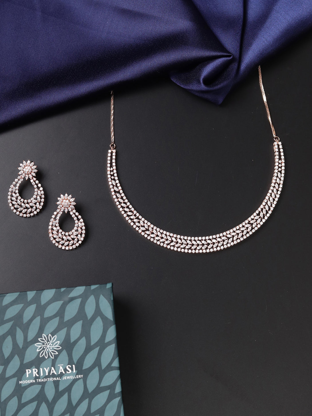 Women's Rose Gold Plated American Diamond Jewellery Set - Priyaasi - Indiakreations