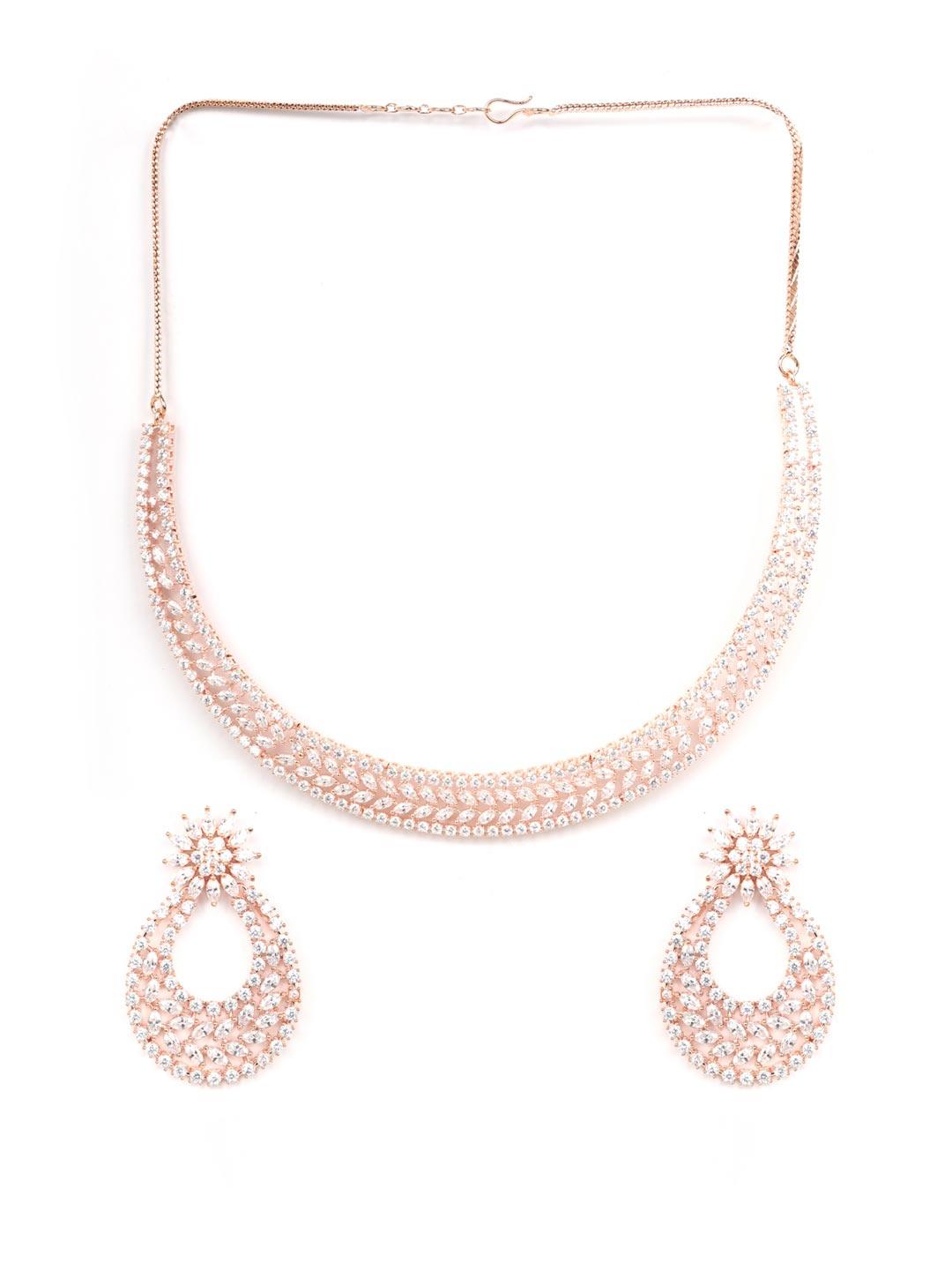 Women's Rose Gold Plated American Diamond Jewellery Set - Priyaasi - Indiakreations