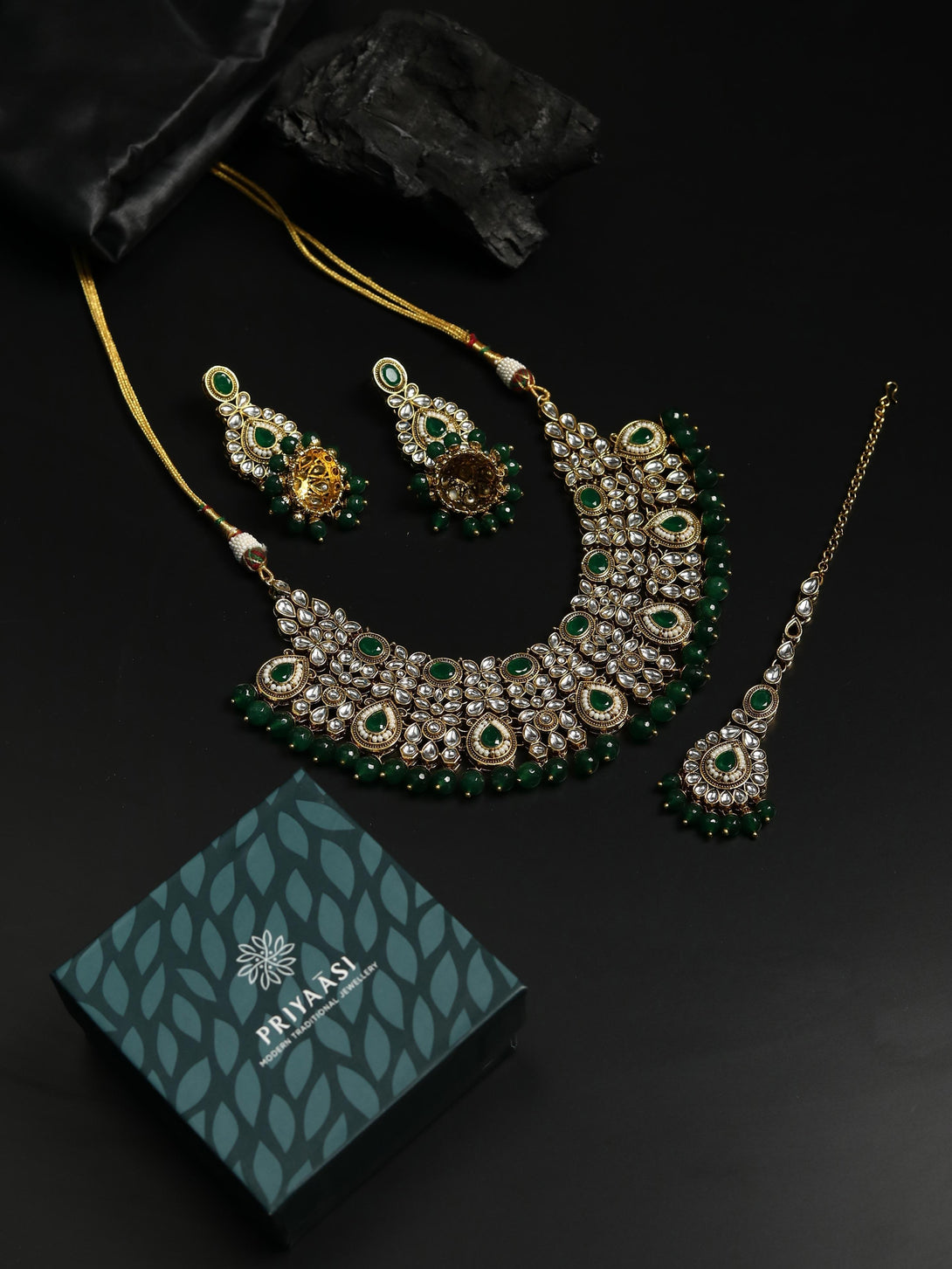 Women's Green Pearls Beads Kundan Emerald Gold Plated Choker Set with Maang Tikka - Priyaasi - Indiakreations