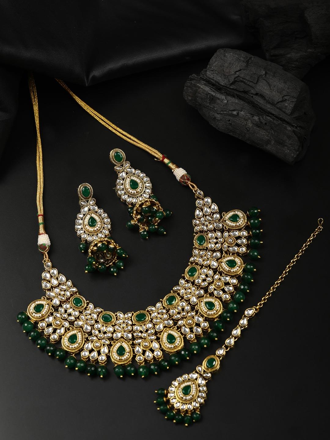 Women's Green Pearls Beads Kundan Emerald Gold Plated Choker Set with Maang Tikka - Priyaasi - Indiakreations