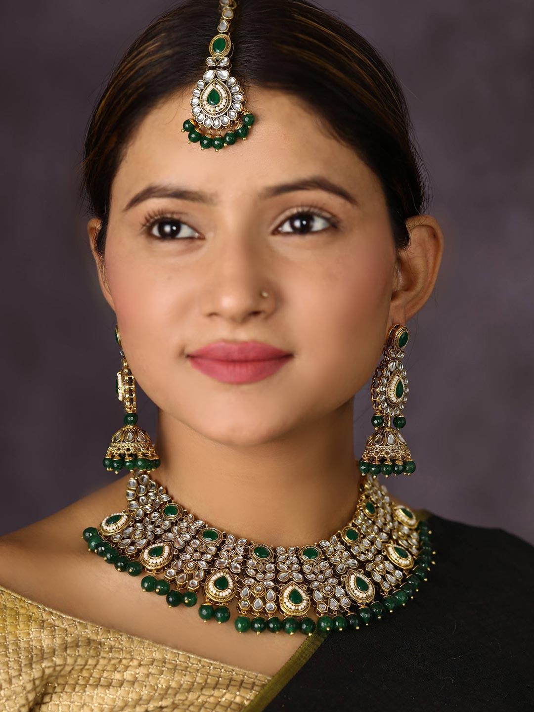 Women's Green Pearls Beads Kundan Emerald Gold Plated Choker Set with Maang Tikka - Priyaasi - Indiakreations