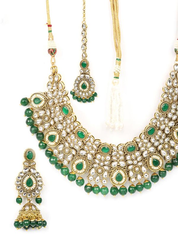 Women's Green Pearls Beads Kundan Emerald Gold Plated Choker Set with Maang Tikka - Priyaasi