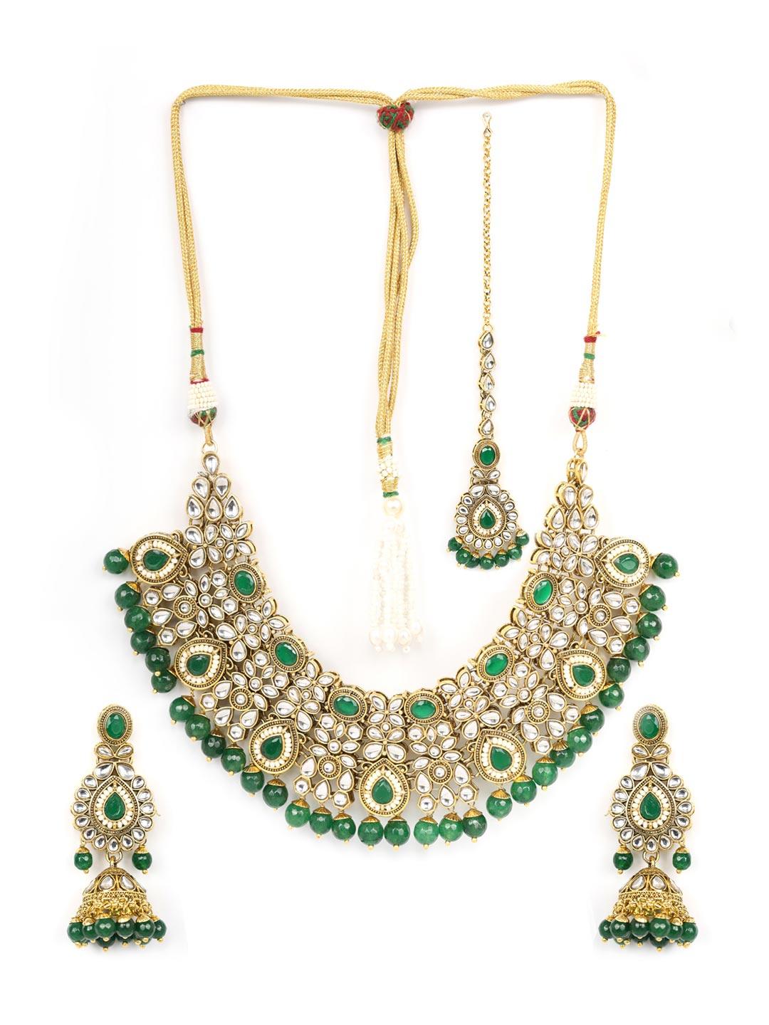 Women's Green Pearls Beads Kundan Emerald Gold Plated Choker Set with Maang Tikka - Priyaasi - Indiakreations