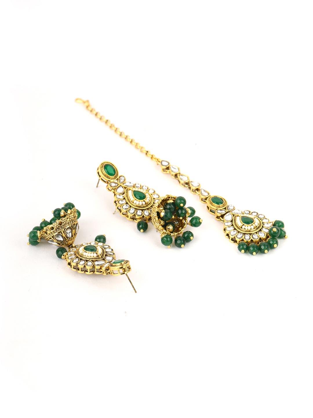 Women's Green Pearls Beads Kundan Emerald Gold Plated Choker Set with Maang Tikka - Priyaasi - Indiakreations