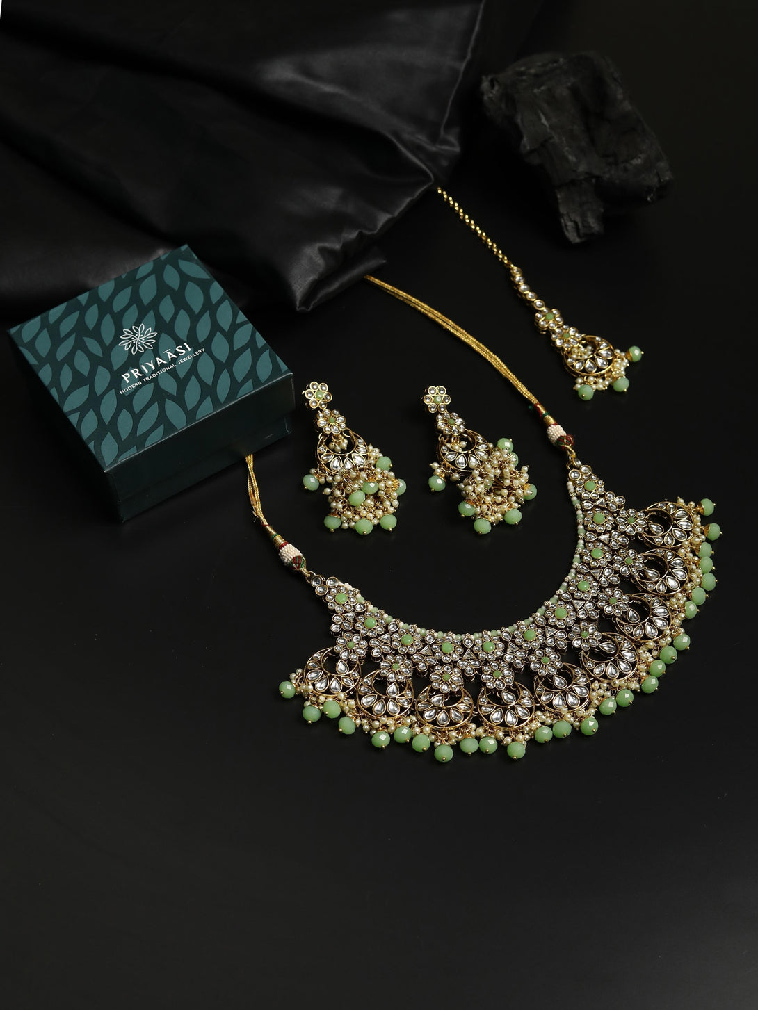 Women's Mint Green Pearls Beads Kundan Gold Plated Choker Set with Maang Tikka - Priyaasi - Indiakreations