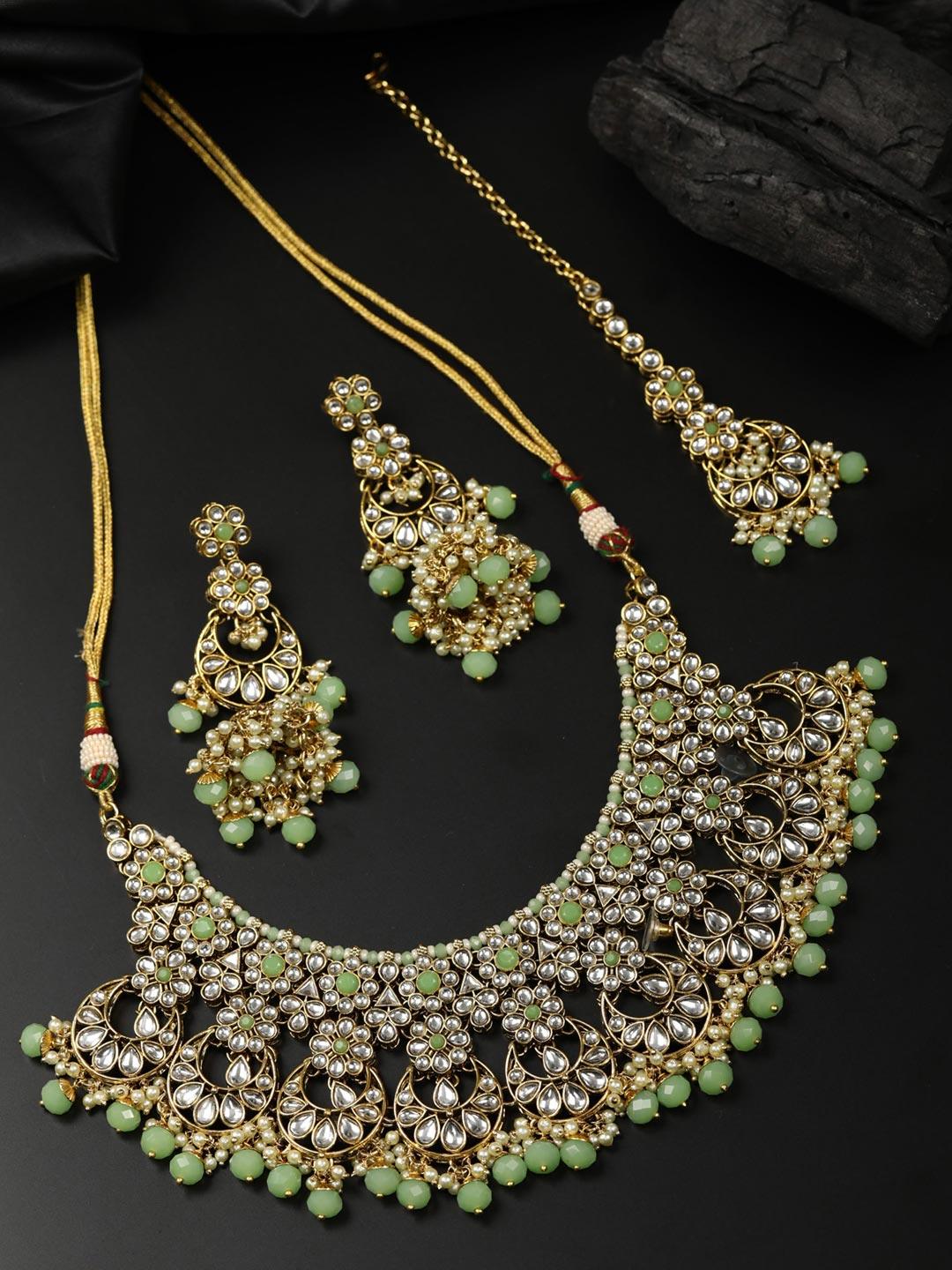 Women's Mint Green Pearls Beads Kundan Gold Plated Choker Set with Maang Tikka - Priyaasi - Indiakreations