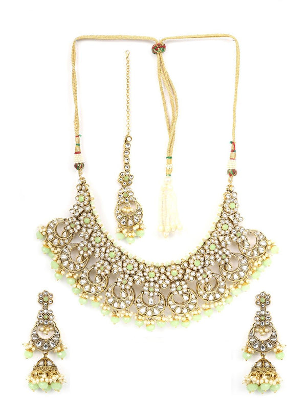 Women's Mint Green Pearls Beads Kundan Gold Plated Choker Set with Maang Tikka - Priyaasi - Indiakreations