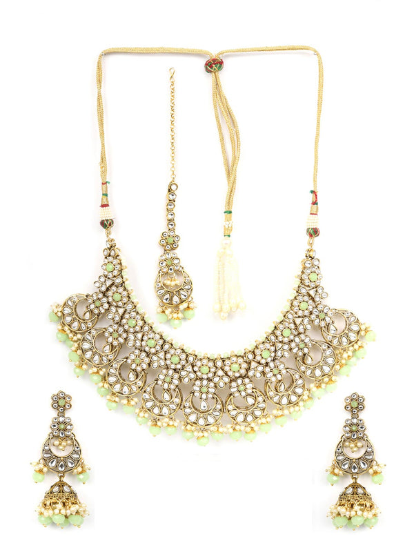 Women's Mint Green Pearls Beads Kundan Gold Plated Choker Set with Maang Tikka - Priyaasi